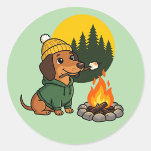 Camping Dachshund Marshmallow Roosteren Ronde Sticker