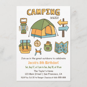 Camping Doodle Kids Verjaardagsfeest Uitnodigingen
