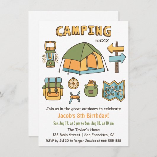 Camping Doodle Kids Verjaardagsfeestje Uitnodiging (Voorkant / Achterkant)