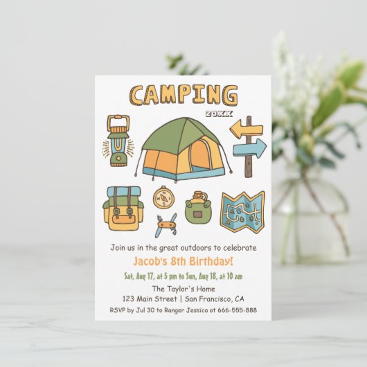 Camping Doodle Kids Verjaardagsfeestje Uitnodiging (Staand voorkant)