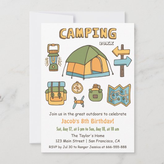 Camping Doodle Kids Verjaardagsfeestje Uitnodiging (Voorkant)
