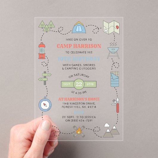 Camping Elke Leeftijd Verjaardagsfeest Acryl Uitnodigingen (Insitu (Draagbaar))