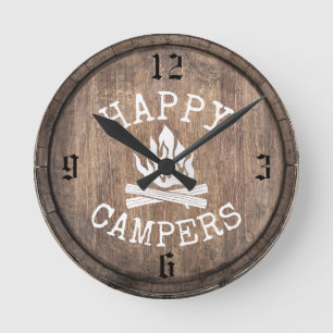 Camping Family Happy Campers Rustic  Wood Ronde Klok