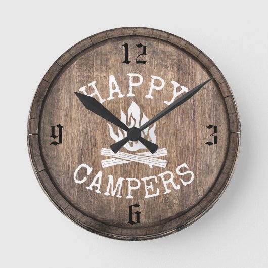 Camping Family Happy Campers Rustic  Wood Ronde Klok (Voorkant)