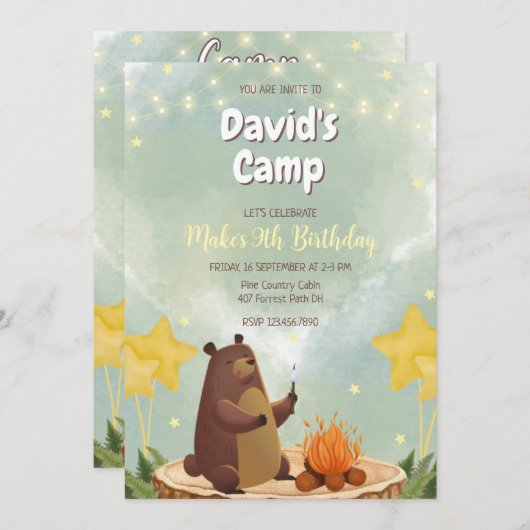 Camping Forest Beer Boy Birthday Invitation Kaart (Voorkant / Achterkant)
