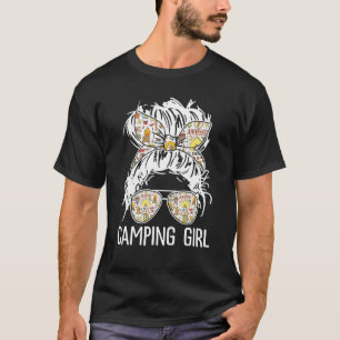 Camping Girl Messy Hair in Bun Sunbril Bandana T-shirt
