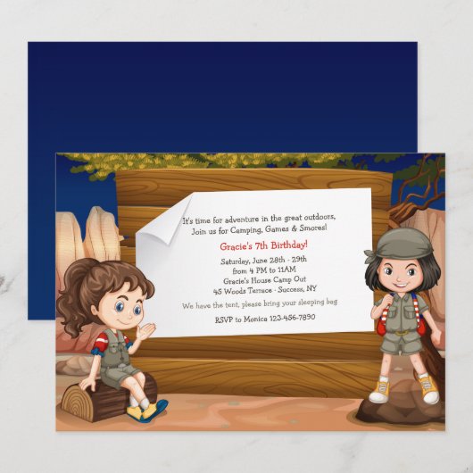 Camping Girls-uitnodiging Kaart (Voorkant / Achterkant)