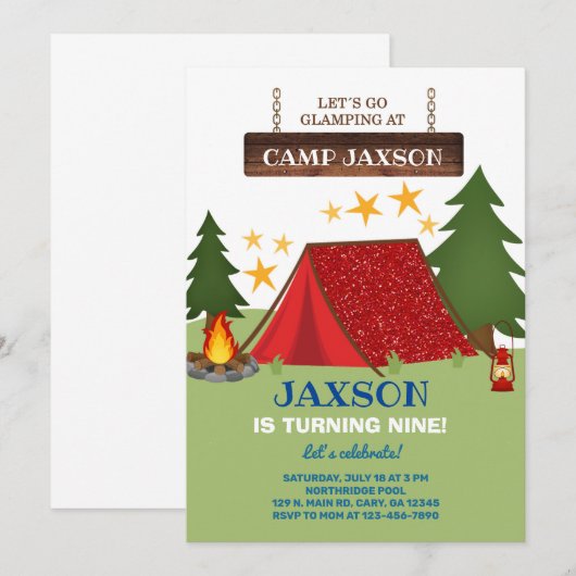 Camping glamping boy verjaardagsuitnodiging. kaart (Voorkant / Achterkant)