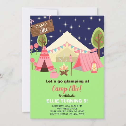 Camping glamping girl-uitnodiging. kaart (Voorkant)