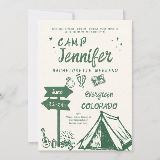 Camping Handgeschreven Camp Green Bachelorette Par Kaart (Voorkant)