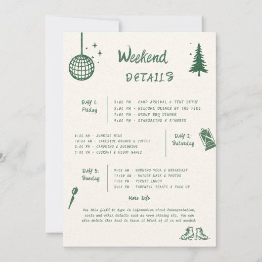 Camping Handgeschreven Camp Green Bachelorette Par Kaart (Achterkant)