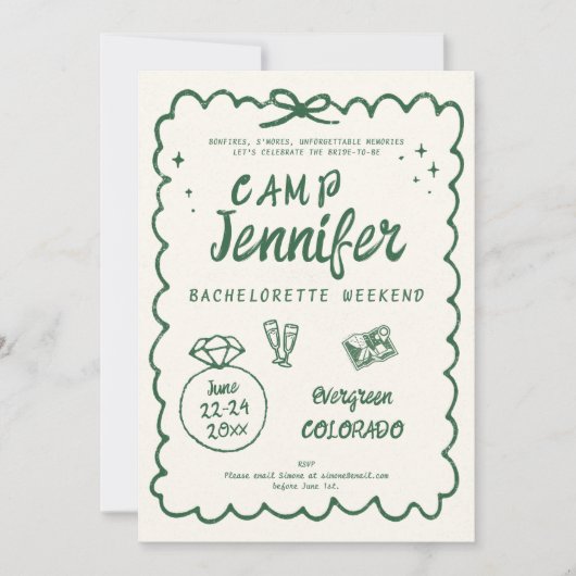 Camping Handgetekende Groene Boog Bachelorette-fee Kaart (Voorkant)