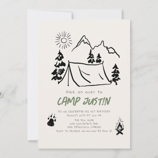 Camping Handgetekende Tent Mountain Boy 1e verjaar Kaart (Voorkant)