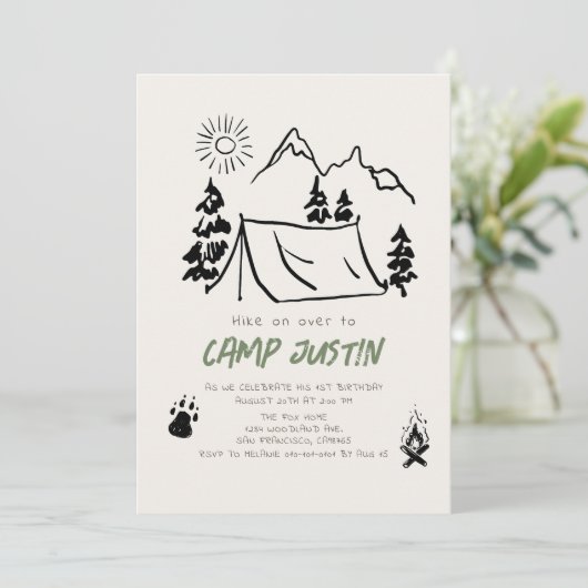 Camping Handgetekende Tent Mountain Boy 1e verjaar Kaart (Staand voorkant)