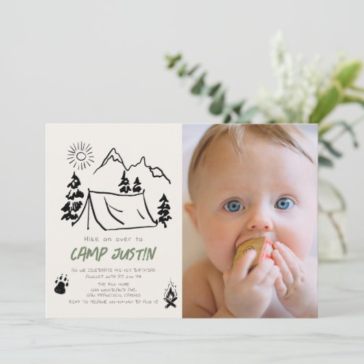 Camping Handgetekende Tent Photo Boy 1e verjaardag Kaart (Staand voorkant)