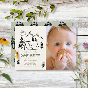 Camping Handgetekende Tent Photo Boy 1e verjaardag Kaart