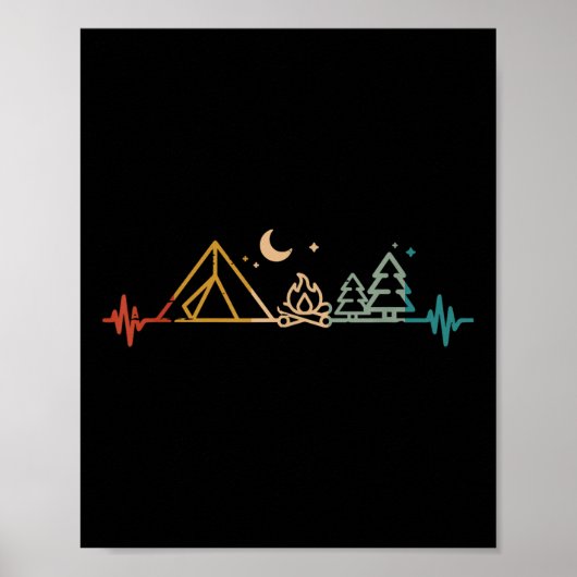 Camping Heartbeat Tent Campfire Trees Camper Men W Poster (Voorkant)