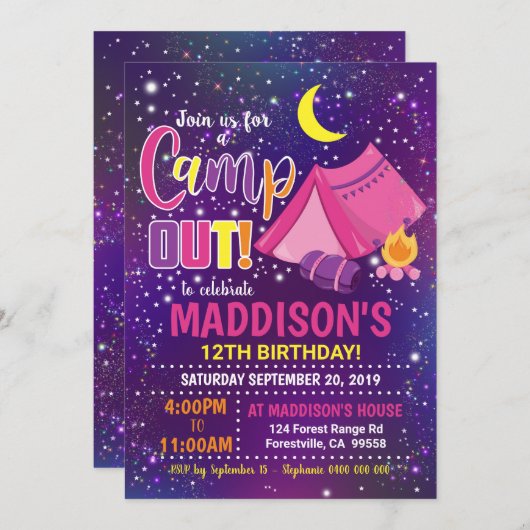 Camping Invitation Girl Camp Uitnodiging (Voorkant / Achterkant)