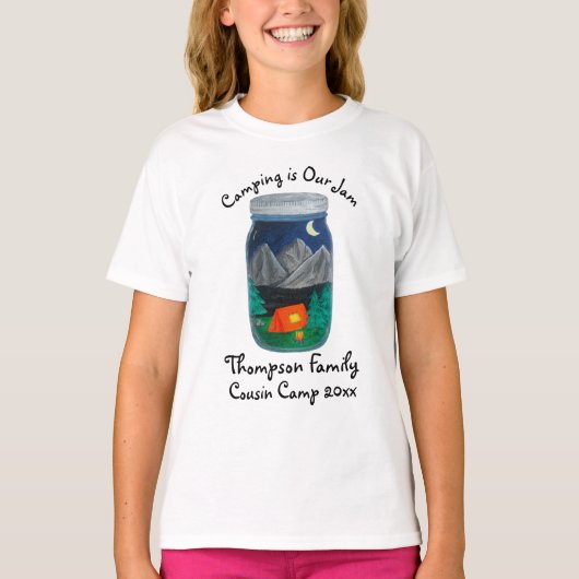 Camping is Our Jam Tent and Mountains in Jar T-shirt (Voorkant)