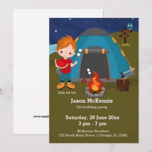 Camping jarig jongetje kaart (Voorkant / Achterkant)