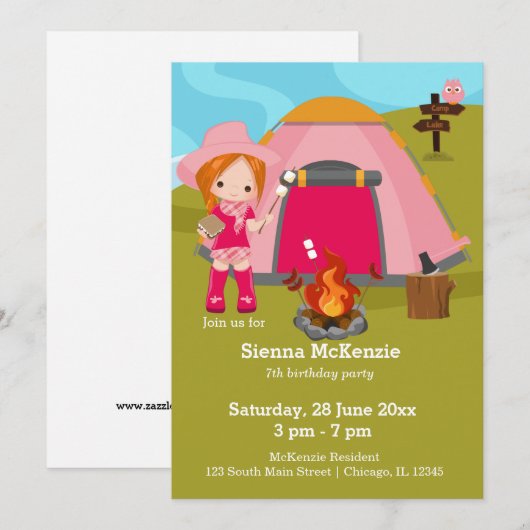 Camping jarig meisje kaart (Voorkant / Achterkant)