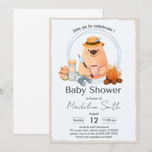 Camping kampvuur beer babyshower uitnodiging (Voorkant / Achterkant)