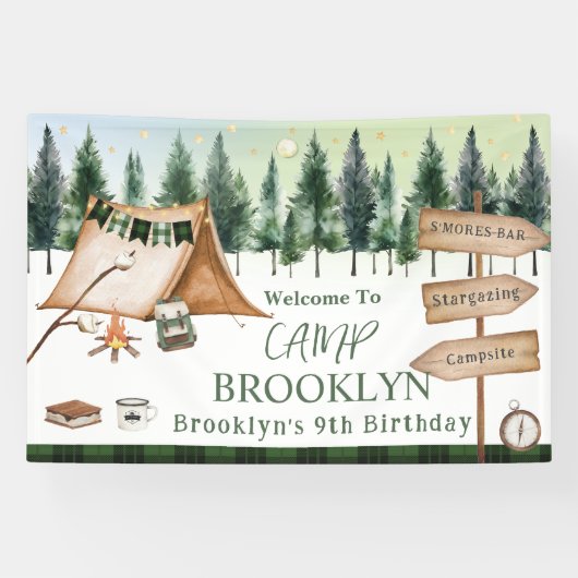 Camping Kampvuur S'mores Buiten Verjaardag Spandoek (Horizontaal)