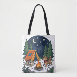 Camping Kat & Hond | Mooie Kampvuur Nachtelijke Lu Tote Bag
