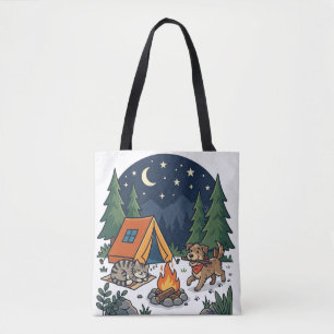Camping Kat & Hond   Mooie Kampvuur Nachtelijke Lu Tote Bag