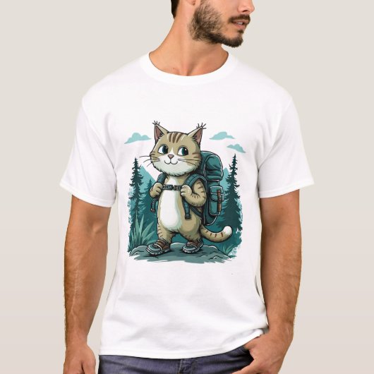 Camping Kat. Schattigee kat met een rugzak T-shirt (Voorkant)