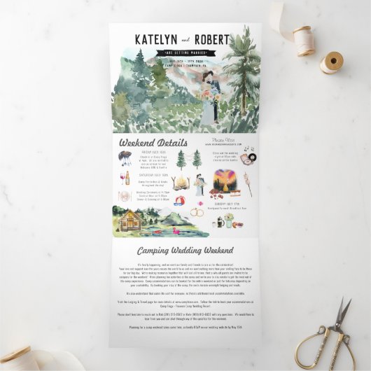 Camping Lakeside Mountain | Illustratief huwelijk Drieluik Uitnodiging (Binnen)