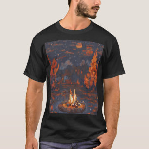 Camping Leven Pixel Art Vuur Tent Sterren Buitenle T-shirt
