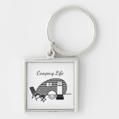 Camping life caravan trailer retro black white sleutelhanger (Voorkant)