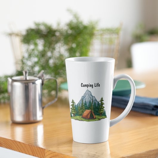 Camping Life, met een tent in de rugverpakking van Latte Mok