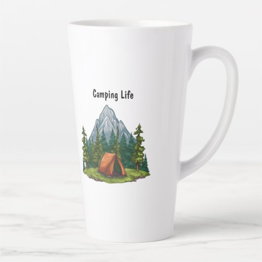 Camping Life, met een tent in de rugverpakking van Latte Mok (Rechts)