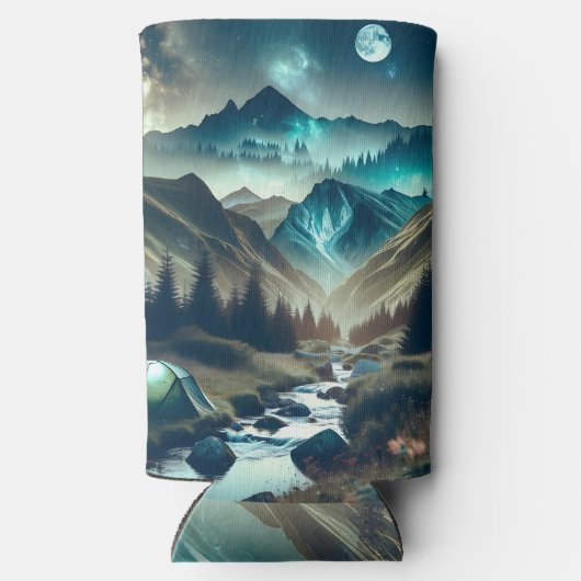 Camping met bergen en tenten seltzer blikjeskoeler (Achterkant)