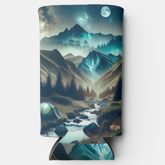 Camping met bergen en tenten seltzer blikjeskoeler (Voorkant)