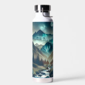 Camping met bergen en tenten waterfles (Links)