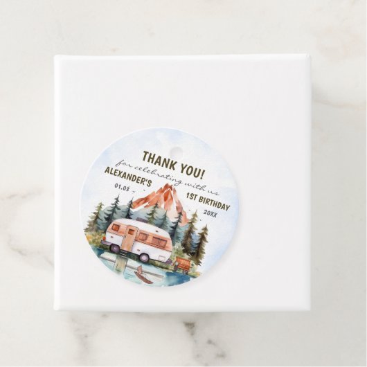 Camping Mountain Rustic verjaardagsfeestje Bedankjes Labels (In situ)