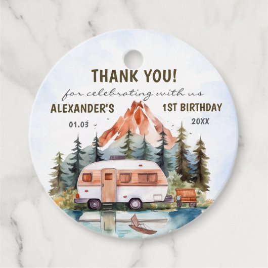 Camping Mountain Rustic verjaardagsfeestje Bedankjes Labels (Voorkant)