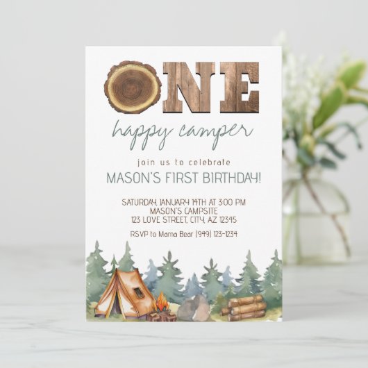 Camping One Happy Camper Jongen 1e Verjaardag Kaart (Staand voorkant)