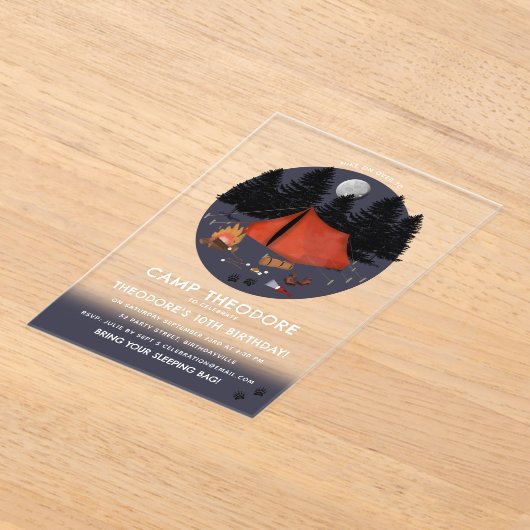 Camping Outdoor Adventure Campfire Verjaardagsfees Acryl Uitnodigingen (Laagn)