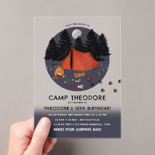 Camping Outdoor Adventure Campfire Verjaardagsfees Acryl Uitnodigingen