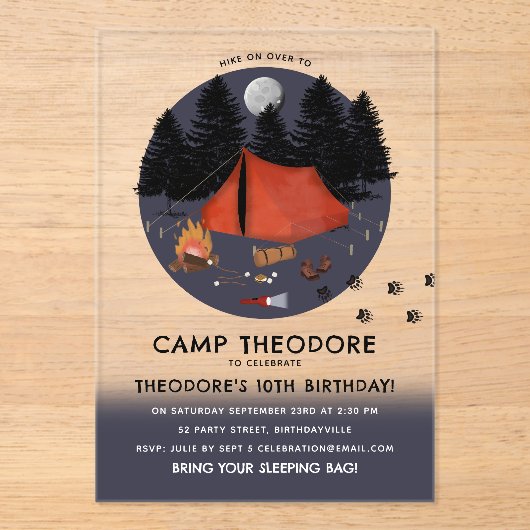 Camping Outdoor Adventure Campfire Verjaardagsfees Acryl Uitnodigingen (Voorkant)