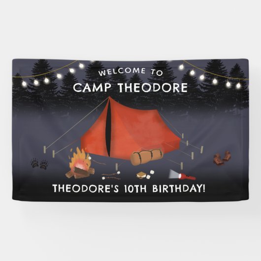 Camping Outdoor Adventure Campfire Verjaardagsfees Spandoek (Horizontaal)