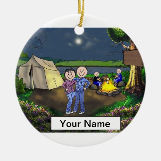 Camping paar, twee kinderen keramisch ornament (Voorkant)