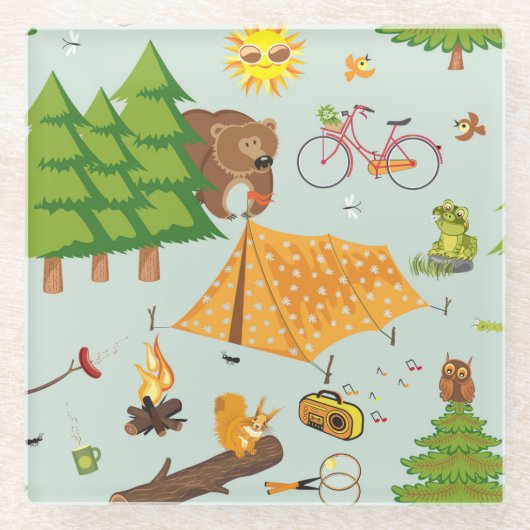Camping Pattern Glazen Onderzetter (Voorkant)