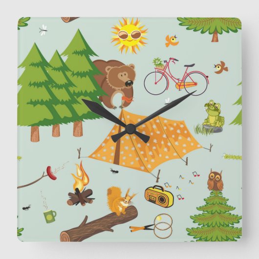 Camping Pattern Vierkante Klok (Voorkant)