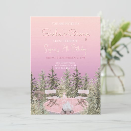 Camping Picnic Forest Girl Birthday Invitation Kaart (Staand voorkant)