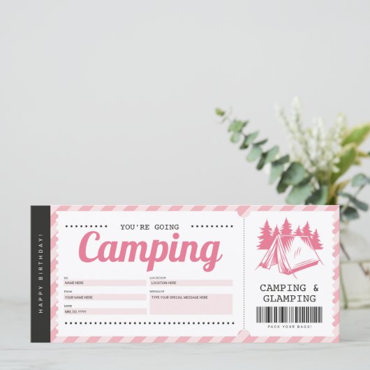 Camping Pink Gift Voucher, Summer Camp Certificate (Staand voorkant)